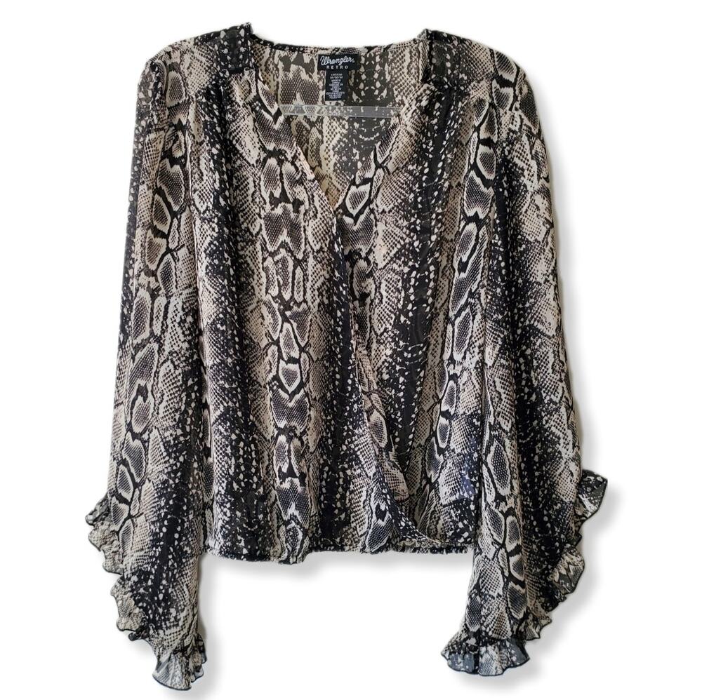 Women Sheer Chiffon Snake Wrap Blouse M Ruffle Romantic Feminine Neutral
